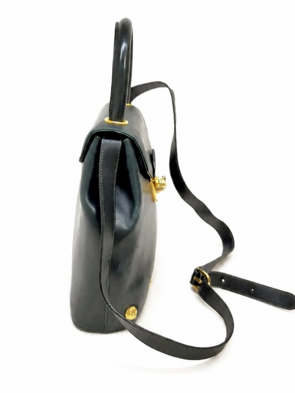 Vintage Salvatore Ferragamo Dark Green Leather Gancini Top Handle Bag - Picture 7 of 16